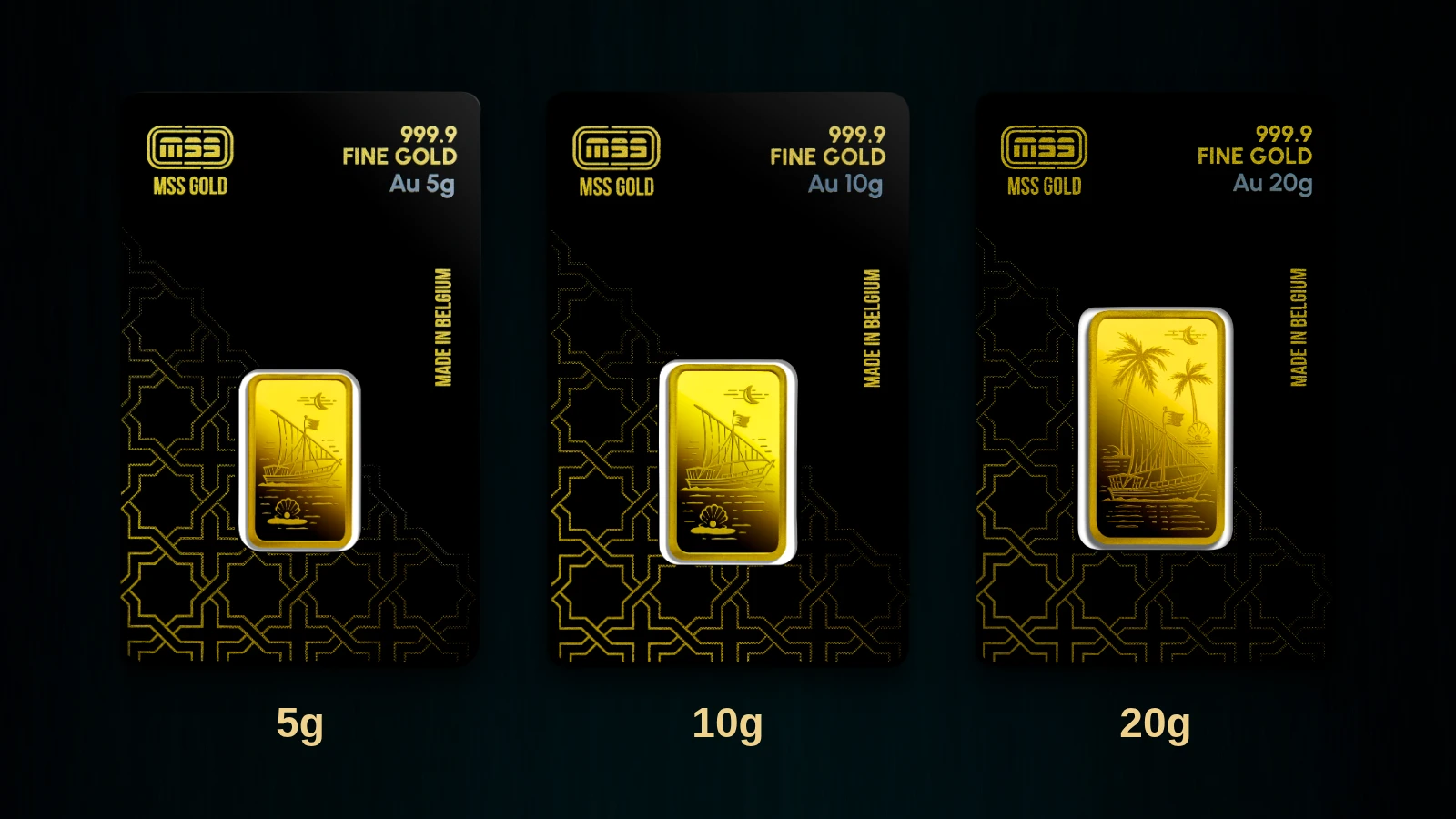MSS Gold 5g, 10g and 20g packaged gold bars compared side by side