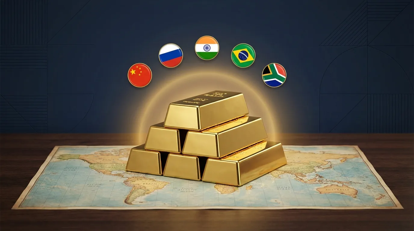 BRICS Gold Unit reshaping global gold demand - gold bars with BRICS nation flags