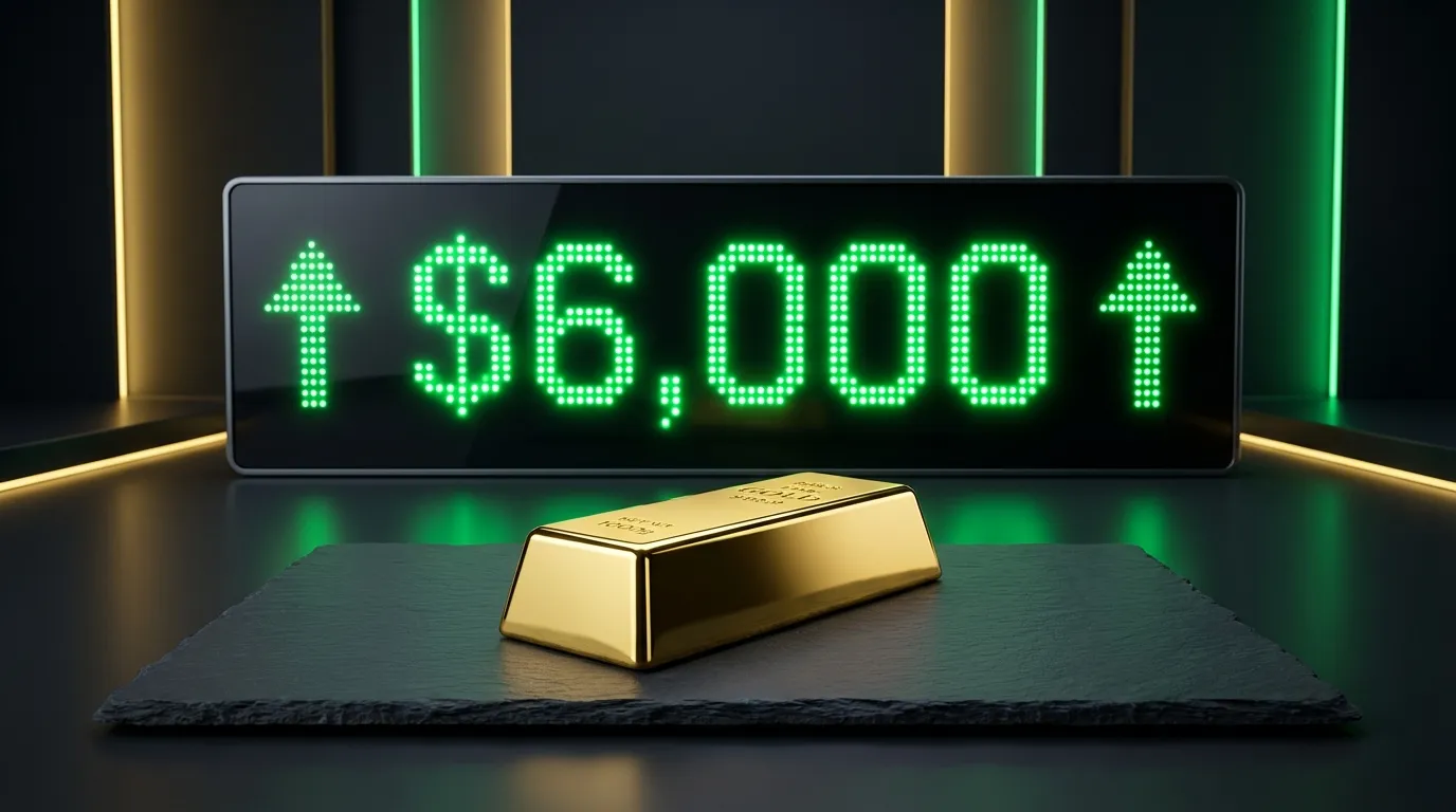 Gold bars with upward price charts showing $6,000 targets for 2026
