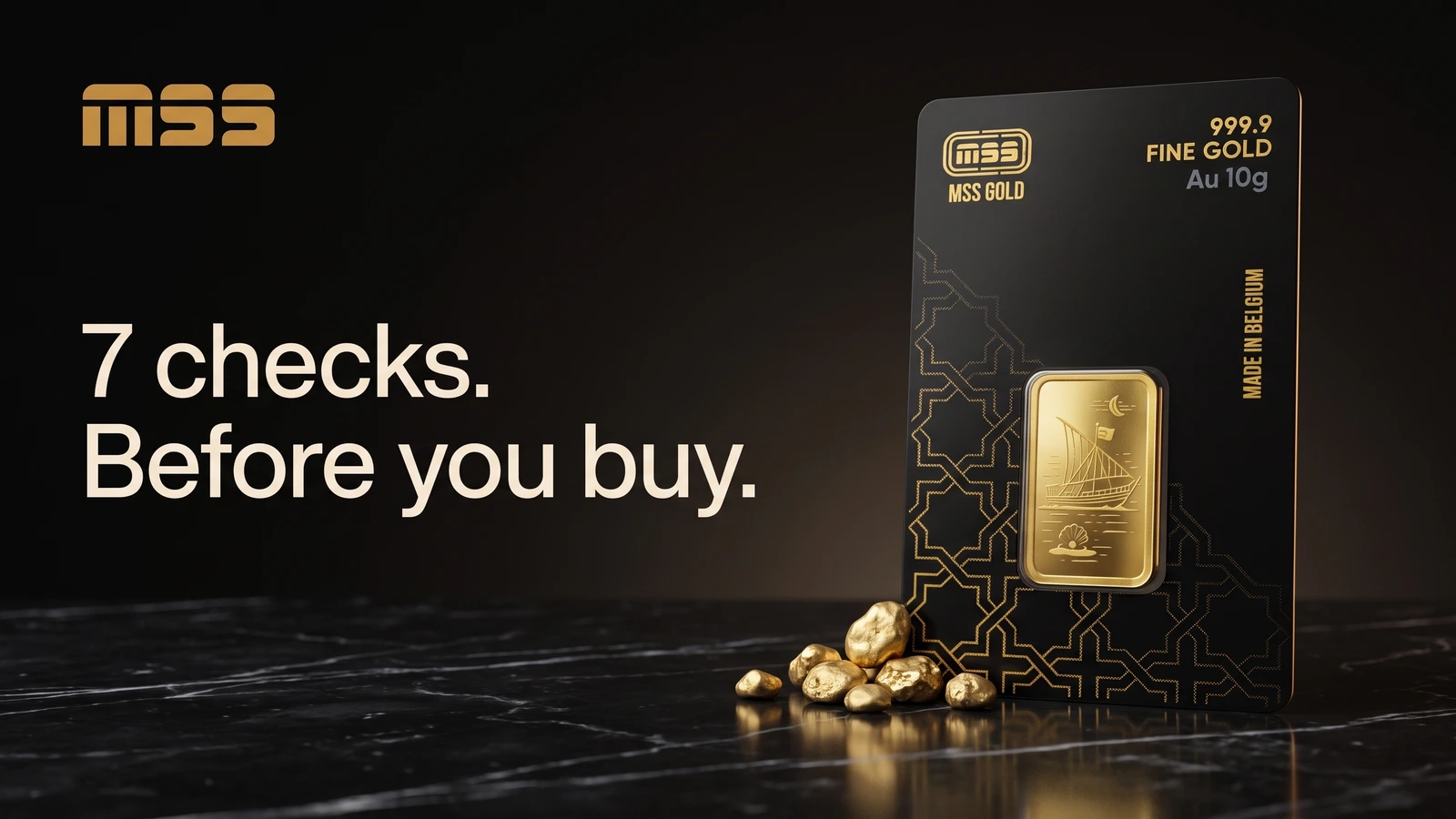7 checks before you buy: a sealed MSS 10g bar on dark marble with a small cluster of gold nuggets