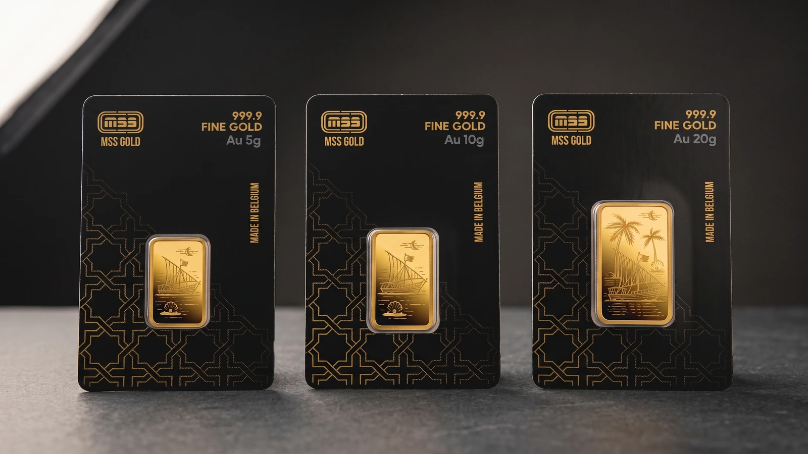 MSS 5g, 10g and 20g bars in their complete packaging, arranged side by side