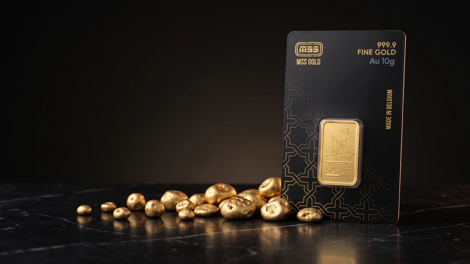 Raw gold pieces beside a sealed MSS 10g bar on black marble