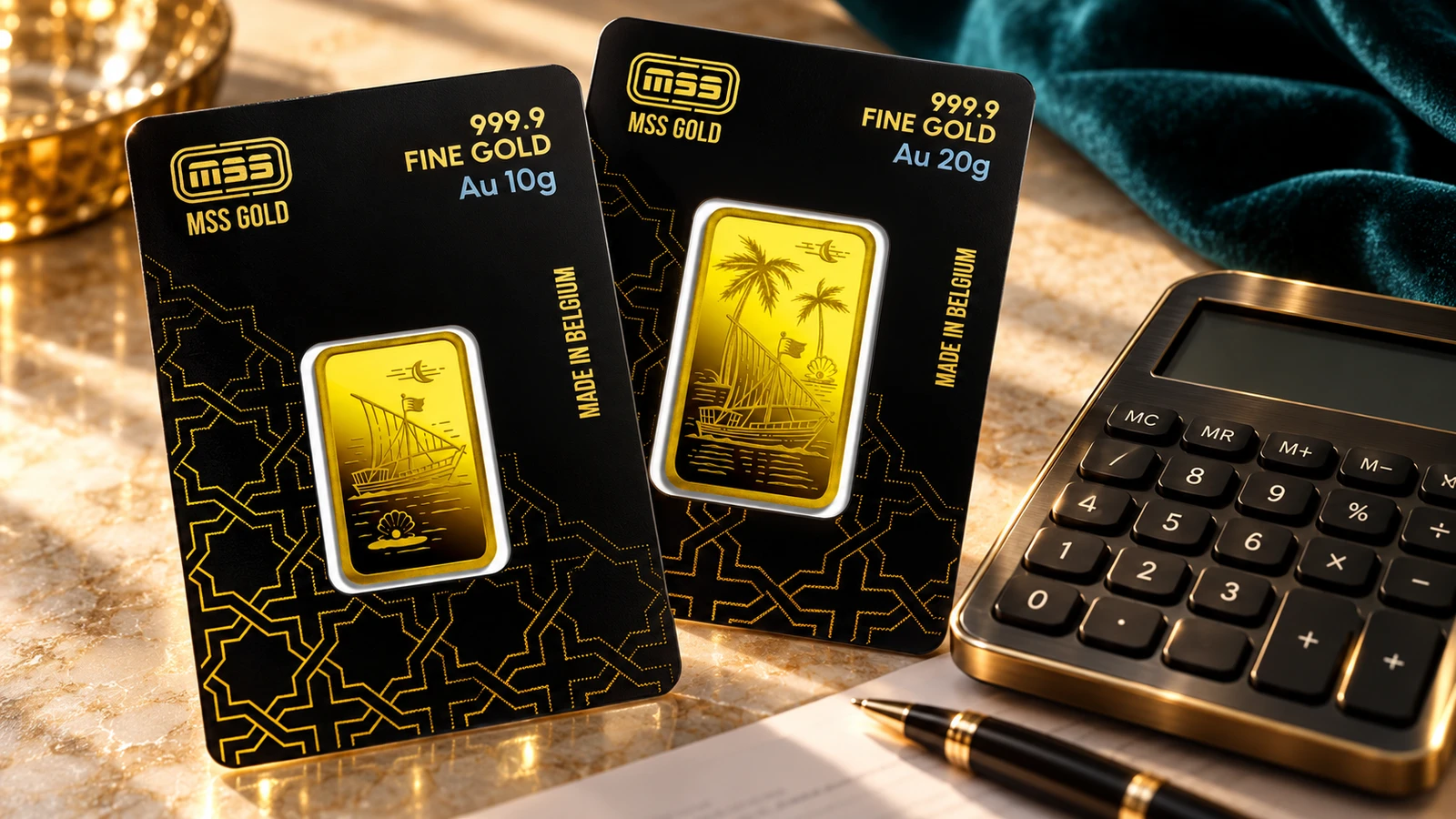 MSS 10g and 20g packaged gold bars beside a calculator on a warmly lit stone desk
