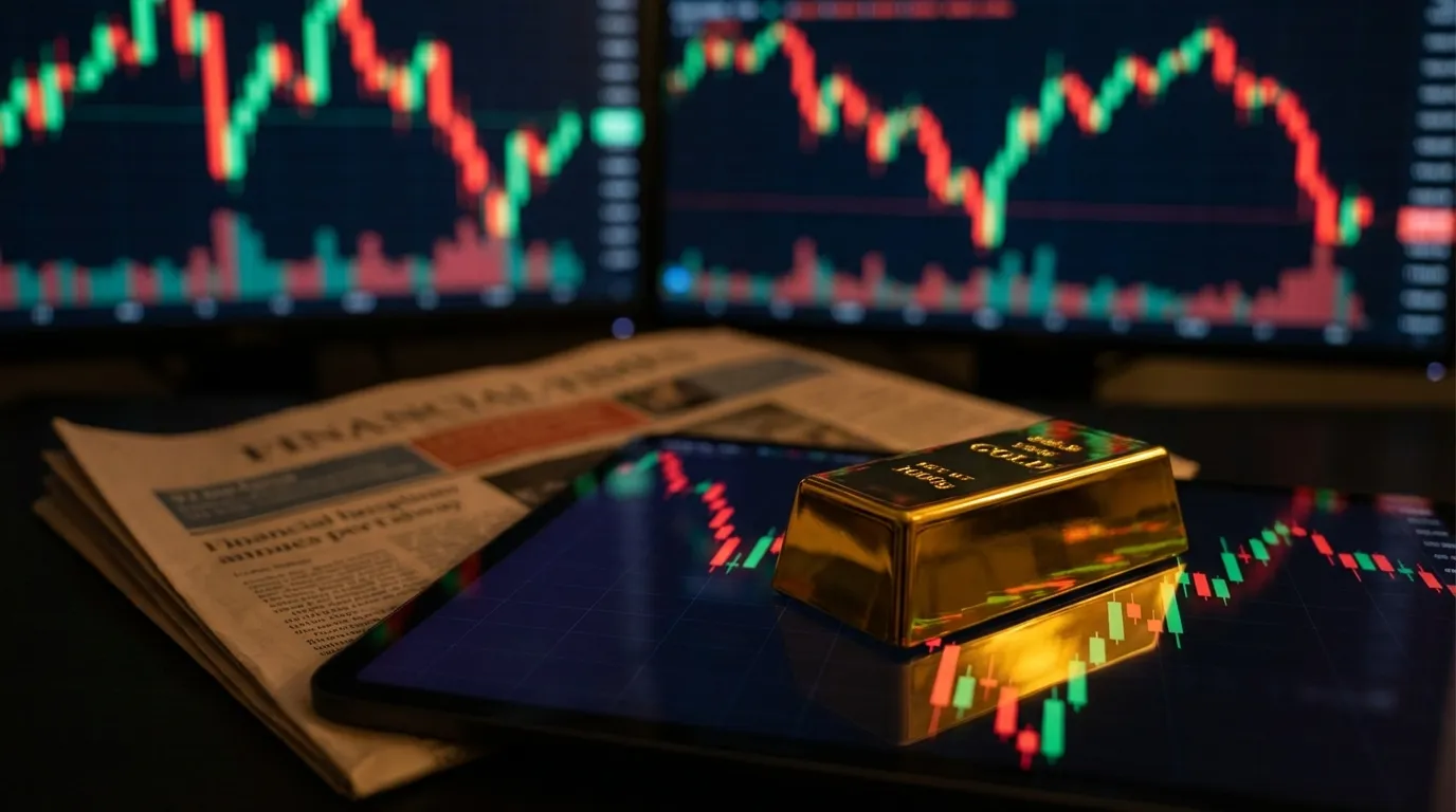 Gold bar on financial charts showing price volatility and recovery