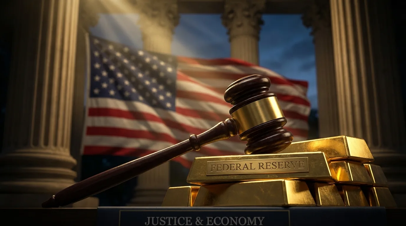 Gold bars with US flag and tariff headlines — gold surges past $5,200